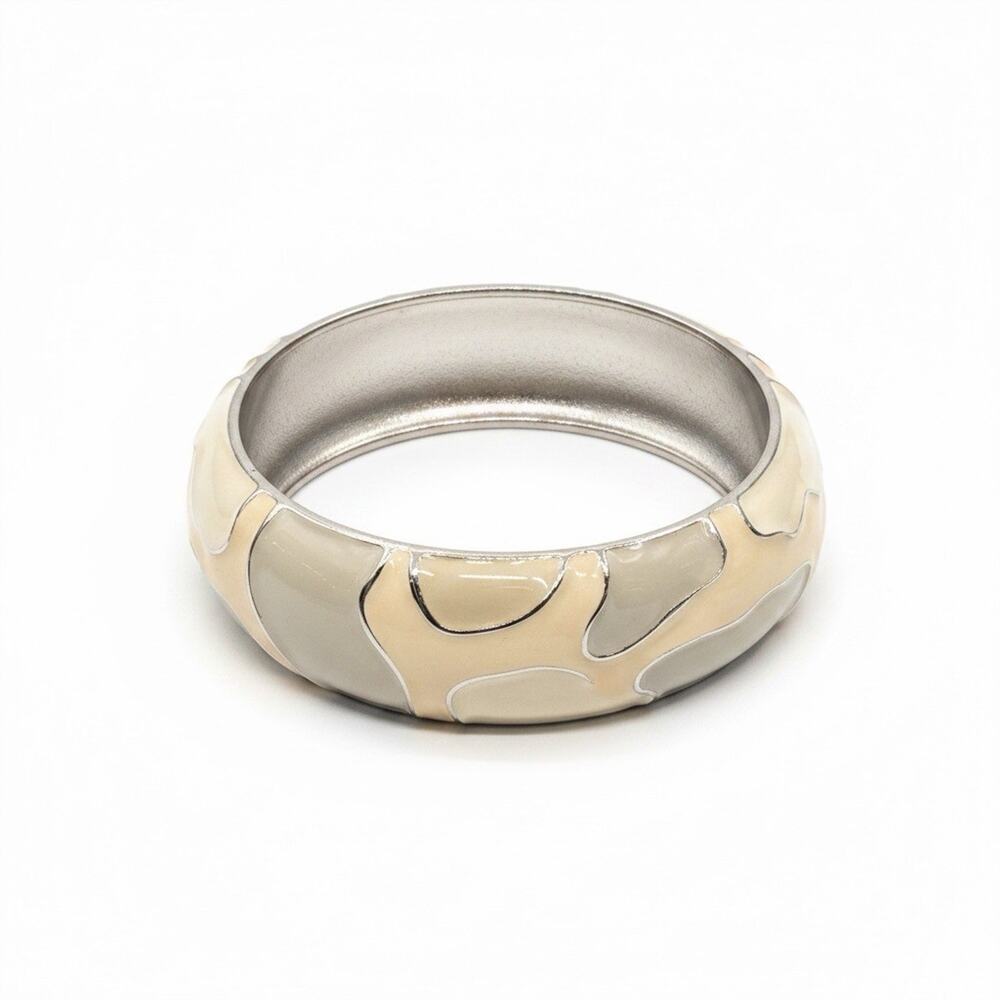 Banana Republic Silver Tone Cream Gray Animal Print Enamel Clamper Bracelet